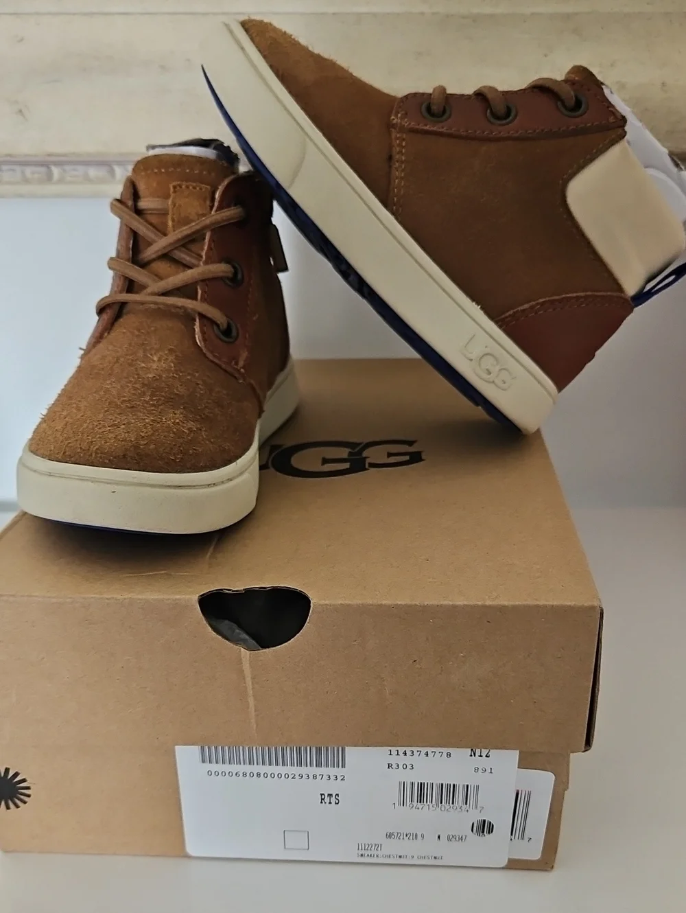 UGG Toddler Jayes Sneaker Brown Suede High-Top Boots with Cream Soles
